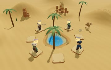 Four players with hidden names around the blue water of Desert Oasis