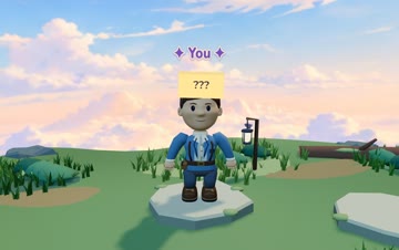 One smiling player with a hidden forehead name in the forest clearing