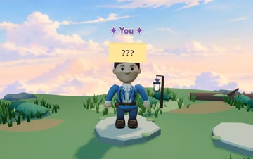 One smiling player with a hidden forehead name in the forest clearing