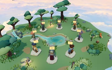 Eight different cartoon avatars gathered around the lake in the forest clearing
