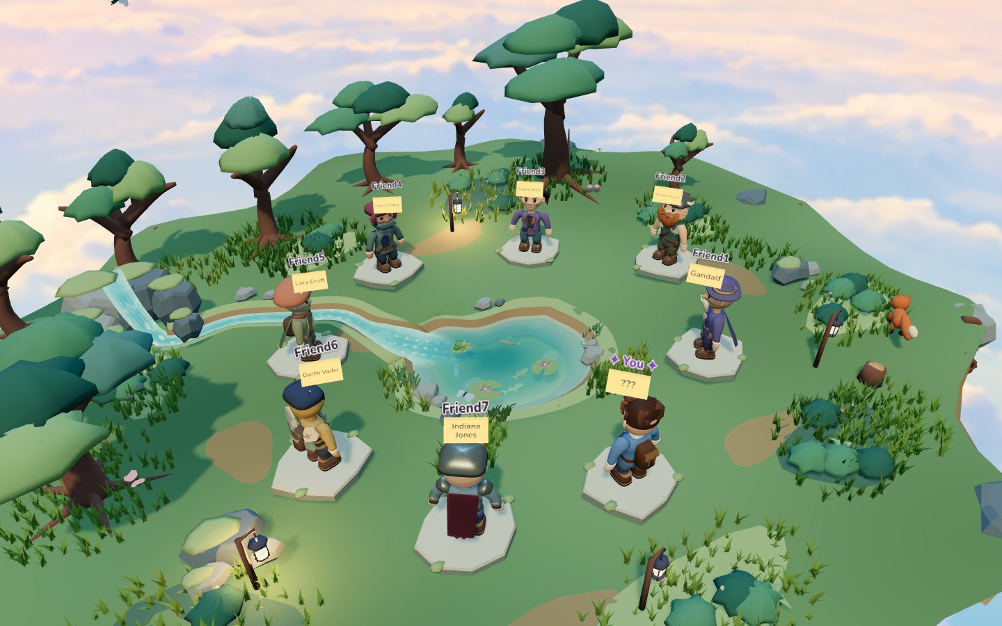 Eight different cartoon avatars gathered around the lake in the forest clearing