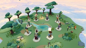 Eight players with celebrity picture cards around the forest pond; the local player's card is hidden.