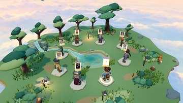 Eight players with celebrity picture cards around the forest pond; the local player's card is hidden.