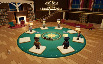Six players gathered in the decorated Grand Manor hall with forehead name cards