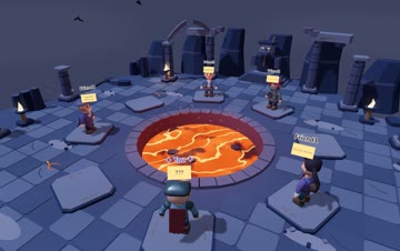 Five players guessing superhero names around the glowing lava pool of Volcano Temple