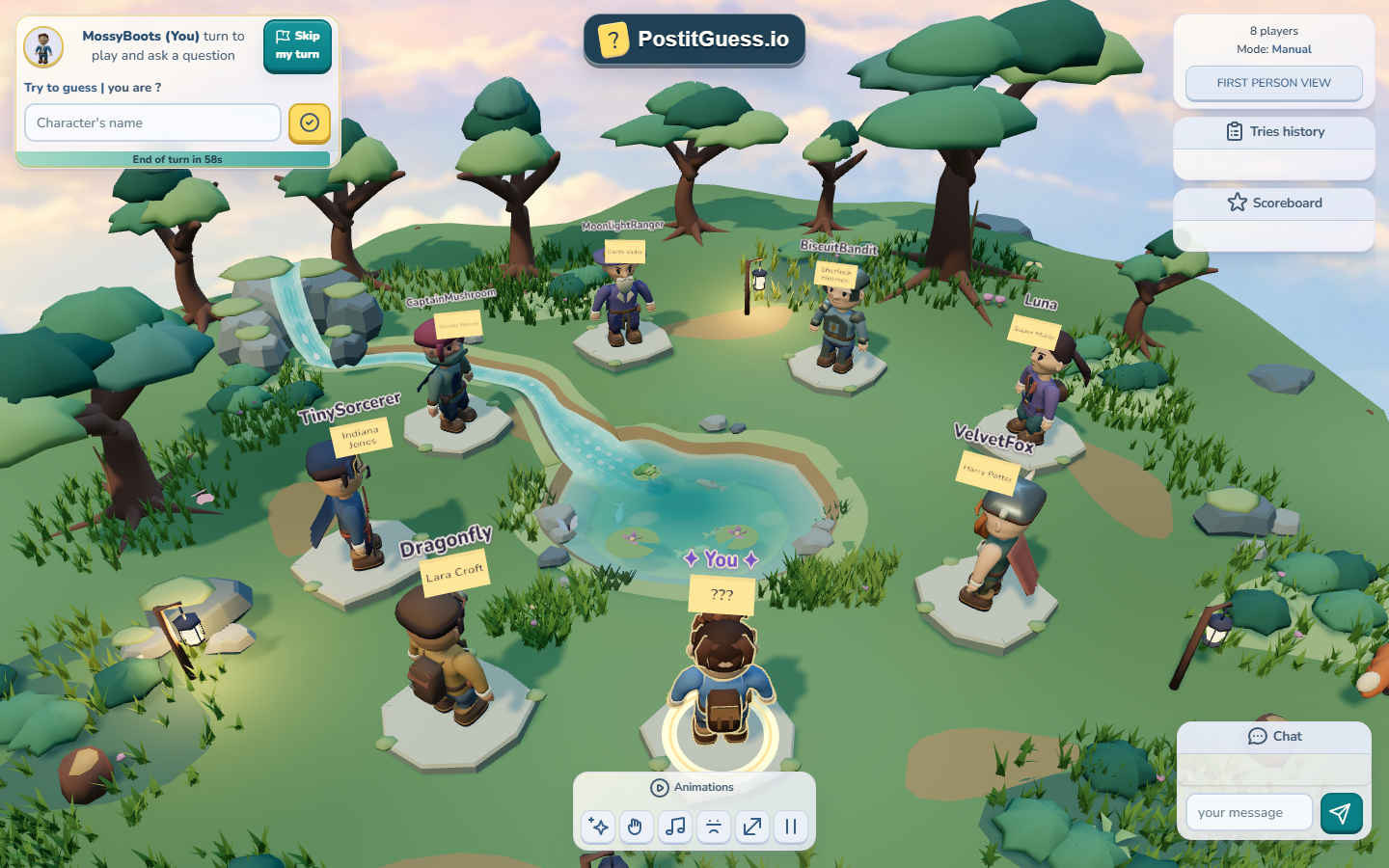 Players with character names on their forehead notes in a PostitGuess multiplayer game